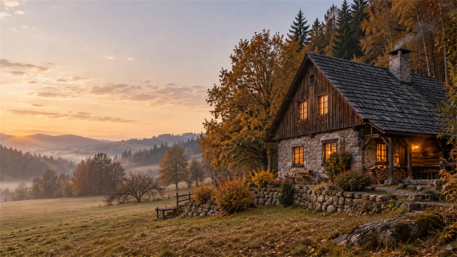 Kamenná chata u lesa za podzimního večera