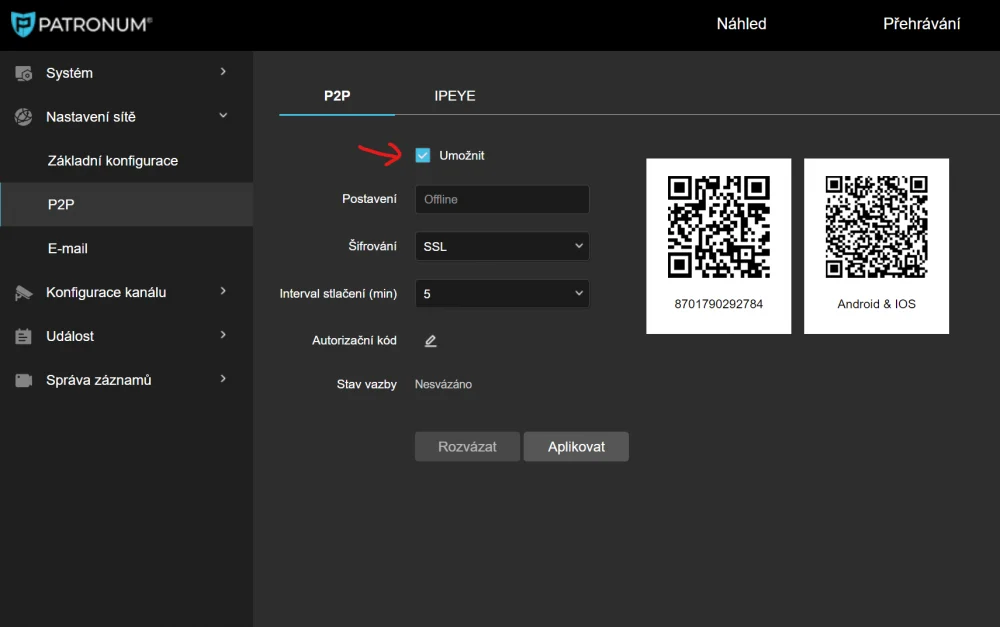 Status P2P služby On-line v menu rekordéru